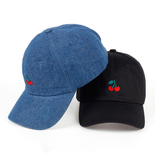 New Cherry Fruits Embroidered Snapback Baseball Cap Dad Hats Man & Women Denim Blue bone Caps Adjustable Curved Hats for Travel