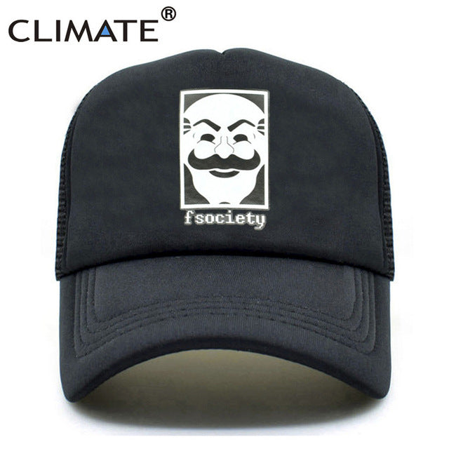 CLIMATE Mr Robot Fsociety Mesh Trucker Cap Robot Fsociety Mask Print Mesh Cap Men Funny TV Show Cap Hacker Evil Black Caps Hat