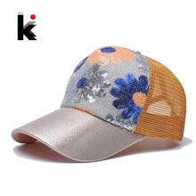 Load image into Gallery viewer, Girl&#39;s 5 Panel Trucker Cap Drake Sun Breathable Hat Summer Baseball Cap Sequins Flashes Sunflower Hats For Women