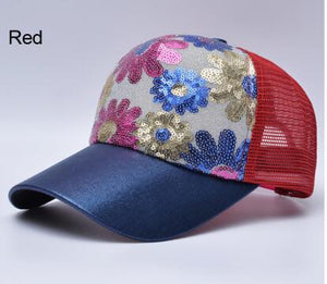 Girl's 5 Panel Trucker Cap Drake Sun Breathable Hat Summer Baseball Cap Sequins Flashes Sunflower Hats For Women