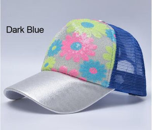 Girl's 5 Panel Trucker Cap Drake Sun Breathable Hat Summer Baseball Cap Sequins Flashes Sunflower Hats For Women