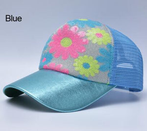 Girl's 5 Panel Trucker Cap Drake Sun Breathable Hat Summer Baseball Cap Sequins Flashes Sunflower Hats For Women