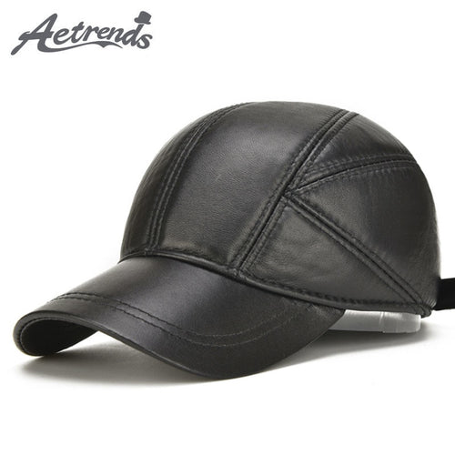 [AETRENDS] Sheepskin Leather Cap Winter Hats for Men Genuine Leather Baseball Cap with Ears Dad Hat Trucker Hat Casquette Z-5295